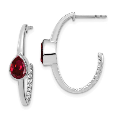 14K White Gold Pear Created Ruby and Diamond J-Hoop Earrings