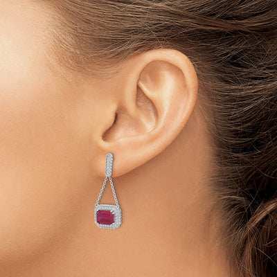 14K White Gold Created Ruby and Diamond Dangle Earrings