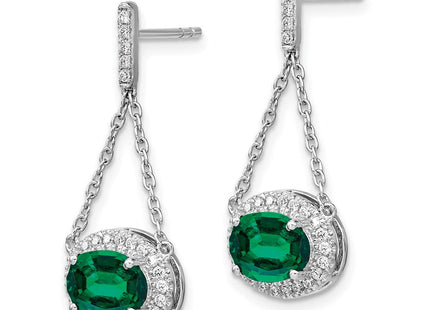 14k White Gold Oval Created Emerald and Diamond Dangle Earrings (Style EM7228-EM-033-WA)