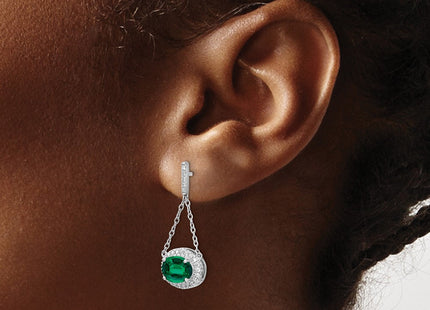 14k White Gold Oval Created Emerald and Diamond Dangle Earrings (Style EM7228-EM-033-WA)