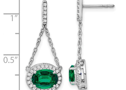 14k White Gold Oval Created Emerald and Diamond Dangle Earrings (Style EM7228-EM-033-WA)