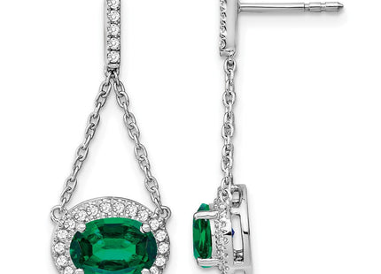 14k White Gold Oval Created Emerald and Diamond Dangle Earrings (Style EM7228-EM-033-WA)