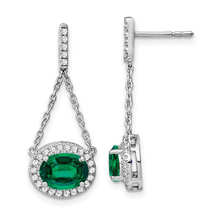 14k White Gold Oval Created Emerald and Diamond Dangle Earrings (Style EM7228-EM-033-WA)