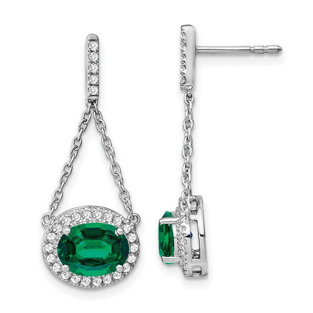 14k White Gold Oval Created Emerald and Diamond Dangle Earrings, 29.2 x 11mm