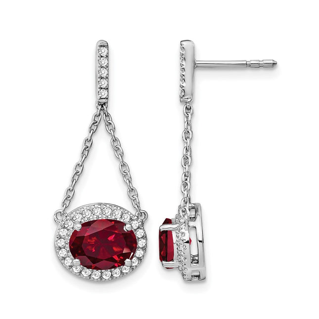 14k White Gold Oval Created Ruby and Diamond Dangle Earrings, 29.2 x 11mm