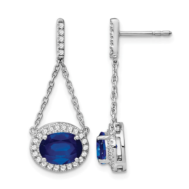 14k White Gold Oval Created Sapphire and Diamond Dangle Earrings, 29.2 x 11mm