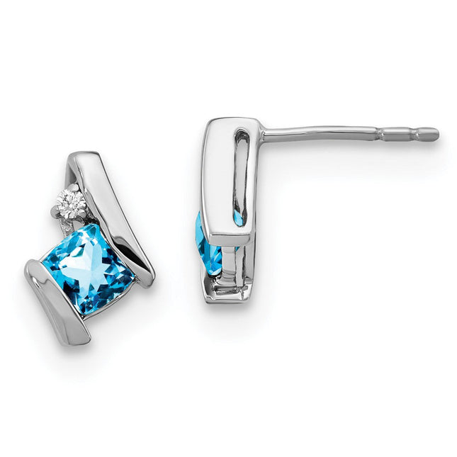 14k White Gold Cushion Blue Topaz and Diamond Earrings, 10 x 6.6mm