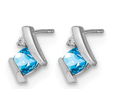 14k White Gold Cushion Blue Topaz and Diamond Earrings, 10 x 6.6mm