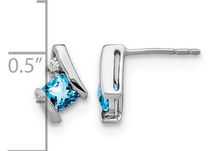 14k White Gold Cushion Blue Topaz and Diamond Earrings, 10 x 6.6mm