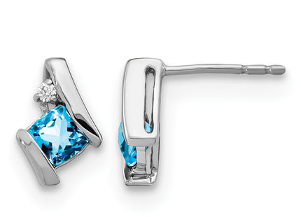 14k White Gold Cushion Blue Topaz and Diamond Earrings, 10 x 6.6mm