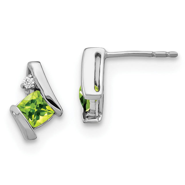 14K White Gold Cushion Peridot and Diamond Earrings, 10 x 6.6mm