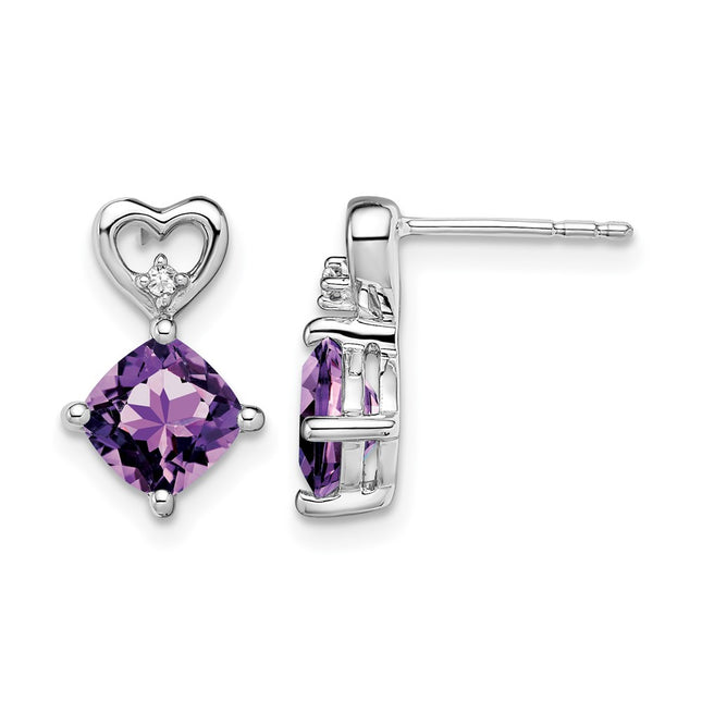 14k White Gold Amethyst and Diamond Heart Earrings, 13.3 x 8.3mm