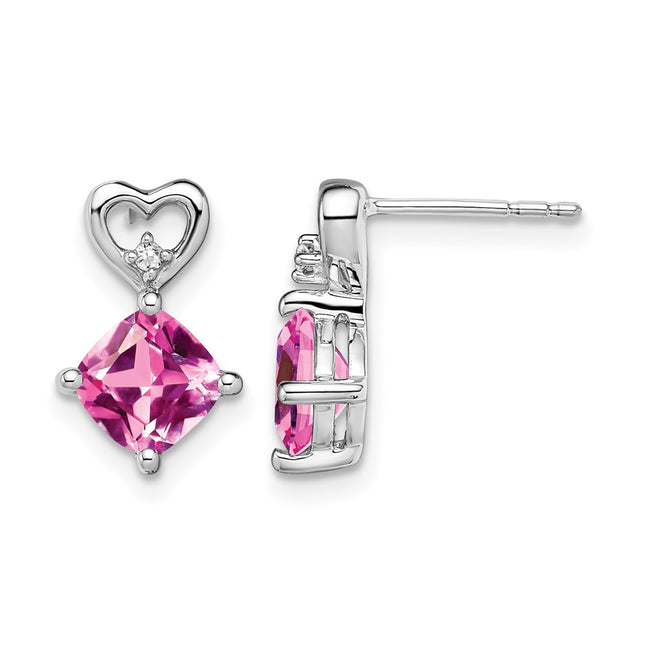 14k White Gold Created Pink Sapphire and Diamond Heart Earrings, 13.3 x 8.3mm