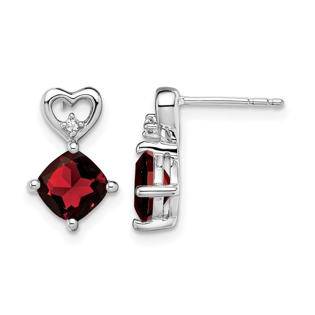 14k White Gold Garnet and Diamond Heart Earrings, 13.3 x 8.3mm