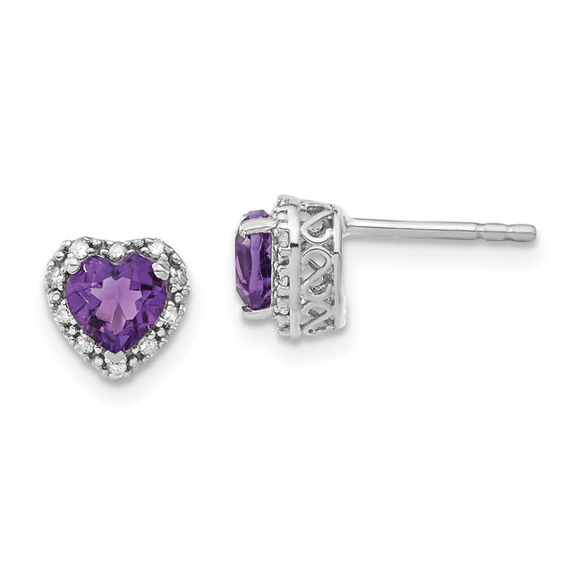 Sterling Silver Rhodium-plated Amethyst and Diamond Earrings, 7.5 x 7.2mm