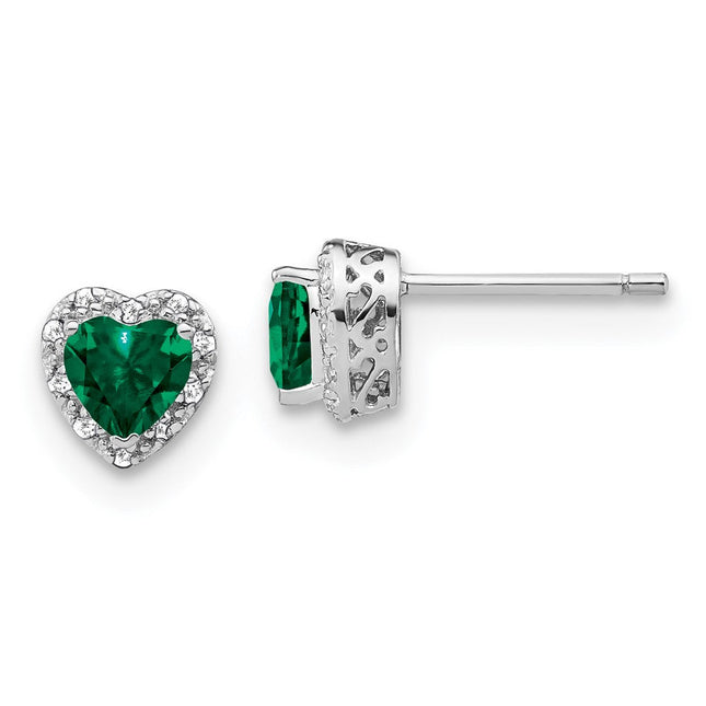 Sterling Silver Rhodium-plated Created Emerald and Diamond Earrings, 7.5 x 7.2mm