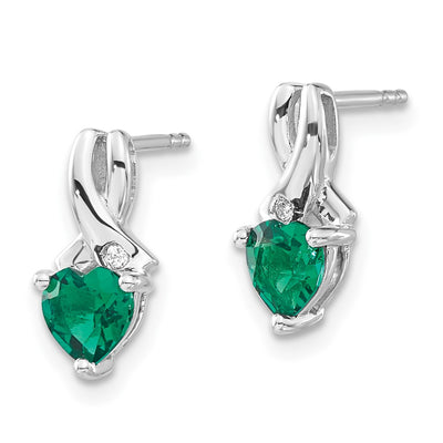 Sterling Silver Rhodium-plated Created Emerald and Diamond Earrings, 13 x 6mm