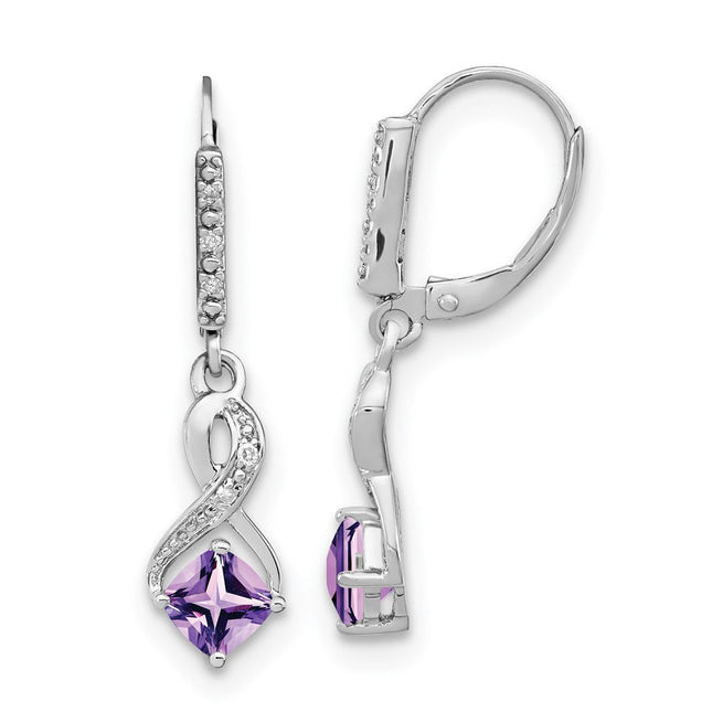 Sterling Silver Rhodium-plated Amethyst and Diamond Earrings, 29.5 x 7.25mm