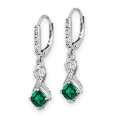 Sterling Silver Rhodium-plated Created Emerald and Diamond Earrings, 29.5 x 7.25mm