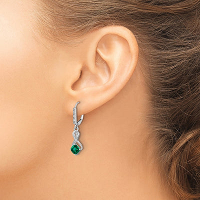 Sterling Silver Rhodium-plated Created Emerald and Diamond Earrings, 29.5 x 7.25mm