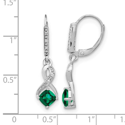 Sterling Silver Rhodium-plated Created Emerald and Diamond Earrings, 29.5 x 7.25mm