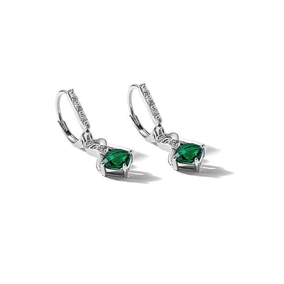Sterling Silver Rhodium-plated Created Emerald and Diamond Earrings, 29.5 x 7.25mm