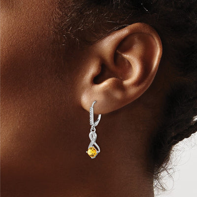 Sterling Silver Rhodium-plated Citrine and Diamond Earrings, 29.5 x 7.25mm