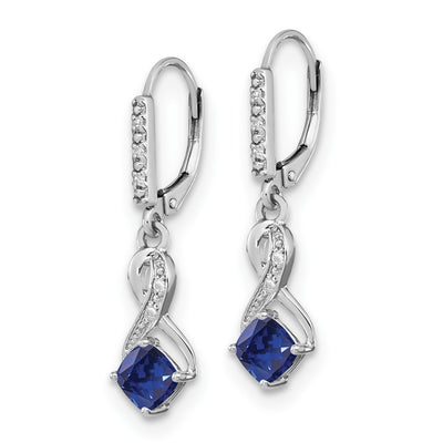 Sterling Silver Rhodium-plated Created Sapphire and Diamond Earrings, 29.5 x 7.25mm