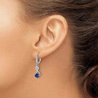 Sterling Silver Rhodium-plated Created Sapphire and Diamond Earrings, 29.5 x 7.25mm