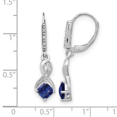Sterling Silver Rhodium-plated Created Sapphire and Diamond Earrings, 29.5 x 7.25mm