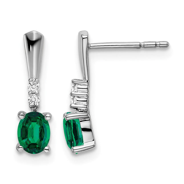 14k White Gold Oval Created Emerald and Diamond Dangle Earrings, 14 x 4mm