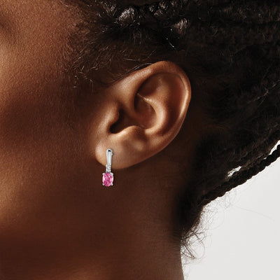 14K White Gold Oval Pink Tourmaline and Diamond Dangle Earrings