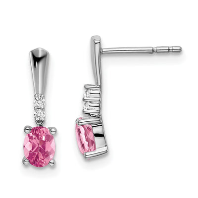14K White Gold Oval Pink Tourmaline and Diamond Dangle Earrings