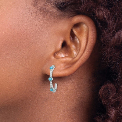 14K White Gold Turquoise and White Topaz J-hoop Earrings, 23 x 4mm