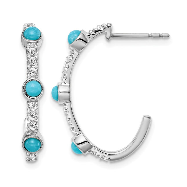 14k White Gold Turquoise and White Topaz J-hoop Earrings, 23 x 4mm