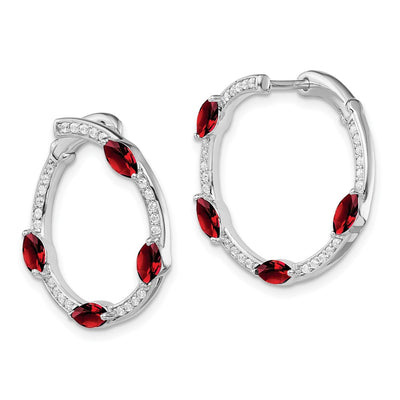 14K White Gold Garnet and Diamond Hoop Earrings