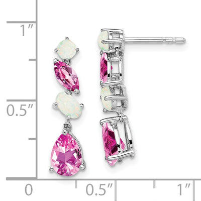 14K White Gold Created Pink Sapphire and Opal Dangle Earrings