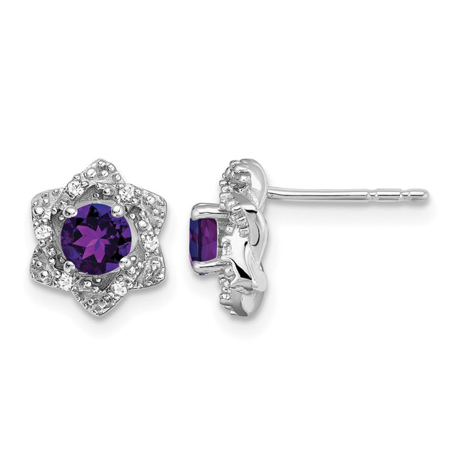 14k White Gold Amethyst and Diamond Post Earrings, 8.8 x 8.8mm