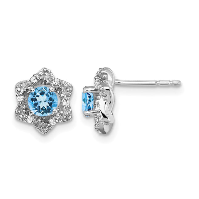 14k White Gold Blue Topaz and Diamond Post Earrings, 8.8 x 8.8mm