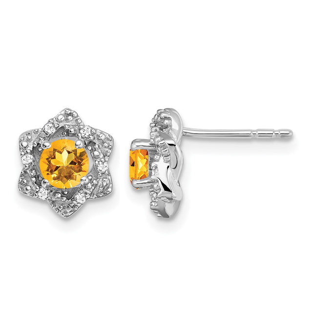 14k White Gold Citrine and Diamond Post Earrings, 8.8 x 8.8mm