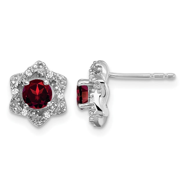 14k White Gold Garnet and Diamond Post Earrings, 8.8 x 8.8mm
