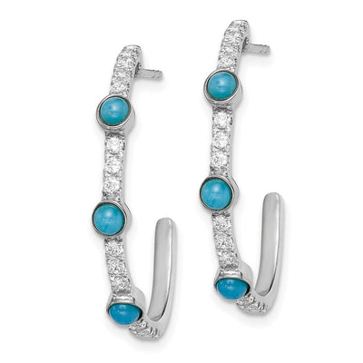 14K White Gold Turquoise and White Topaz J-hoop Earrings, 27.3 x 3.4mm