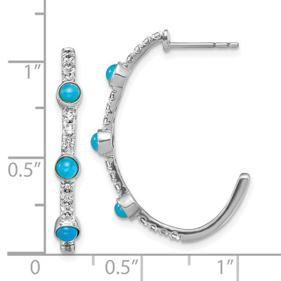 14K White Gold Turquoise and White Topaz J-hoop Earrings, 27.3 x 3.4mm