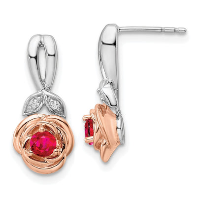 14K Two-tone White and Rose Gold Ruby and Diamond Flower Post Earrings