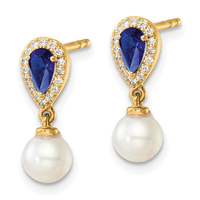 14K Polished Diamond Pearl and Sapphire Dangle Post Earrings