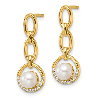 14K Polished 1/10 carat Diamond and White Freshwater Cultured Pearl Open Circle Dangle Post Earrings