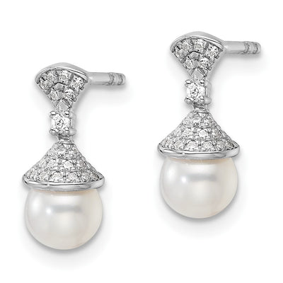 14K White Gold Polished 1/8 carat Diamond and White Freshwater Cultured Pearl Drop Post Earrings