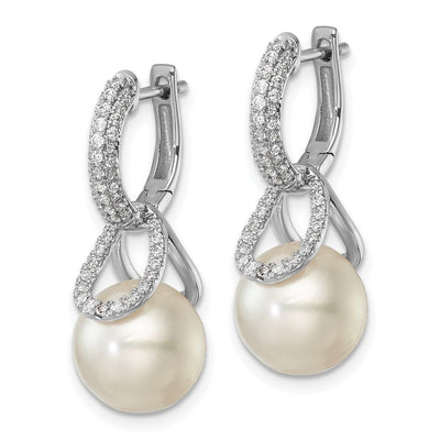 14K White Gold Polished Diamond and Pearl Dangle Hoop Earrings