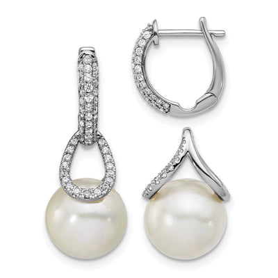 14K White Gold Polished Diamond and Pearl Dangle Hoop Earrings