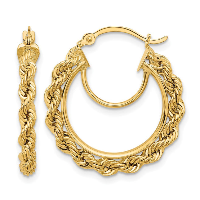14k Polished and D/C Rope Hoop Earrings, 25 x 2.95mm